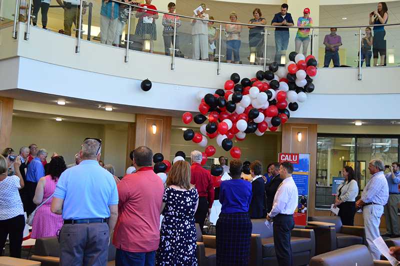 An official balloon drop at the end of the Natali Student Center’s rededication ceremony on Wednesday highlighted the completion of the facility’s major two-year renovation project. The rededication was held in the dramatic new Heritage Lounge, the rotunda that now is a signature feature of the building. 