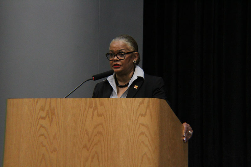 Geraldine M. Jones, president, Cal U, takes center stage at the Campus Talk in the Natali Performance Center.