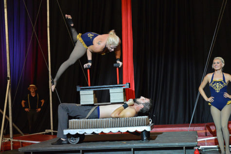 Cincinnati Circus Company performing one of their balancing acts on top of a bed of nails.