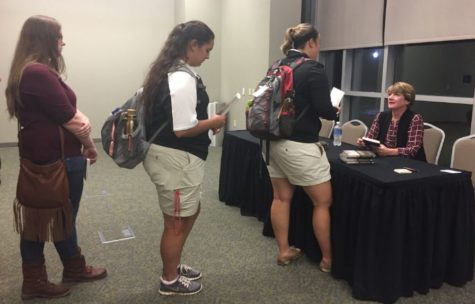 Students line up to meet author Jeanne Marie Laskas.