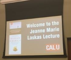 Jeanne Marie Laskas lecture welcome sign.