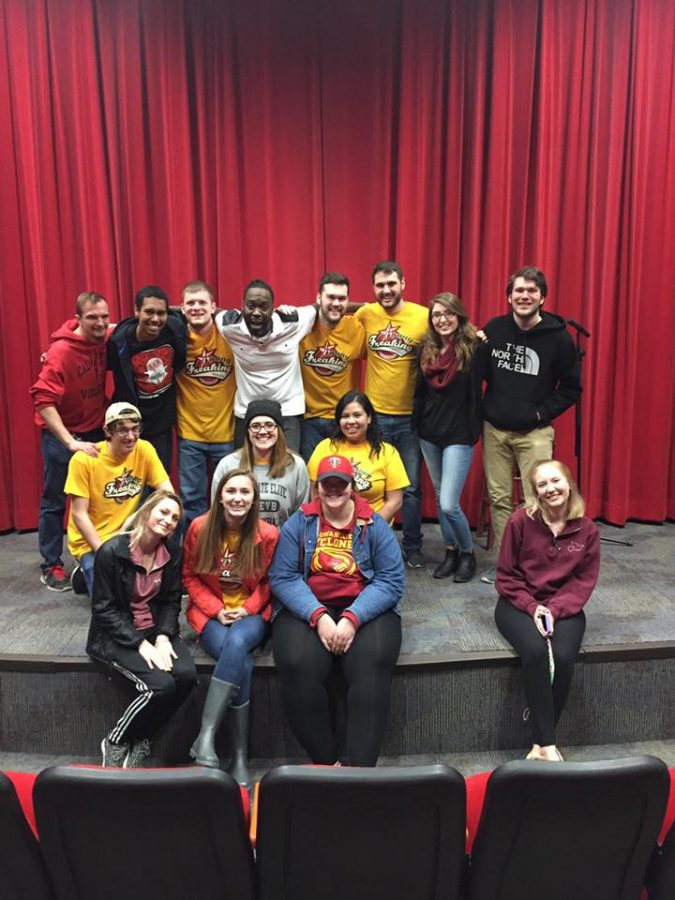 Members of the Student Activities Board and Jersey the Haitian Sensation following Funny Freaking Friday.