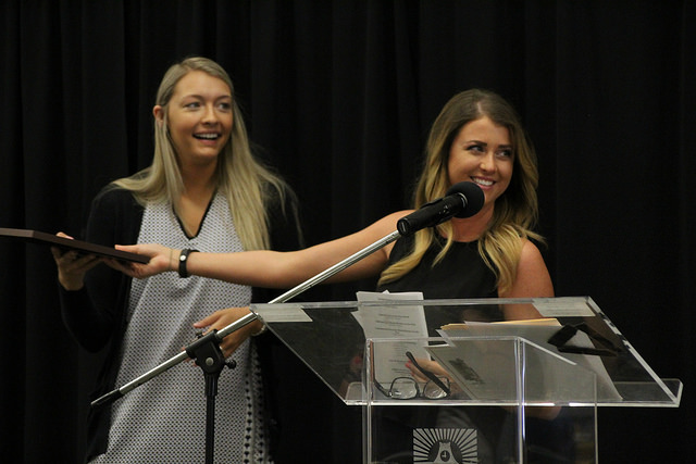 Rachel Michaels presents Katelyn Kendra with the Options @ Cal U award.