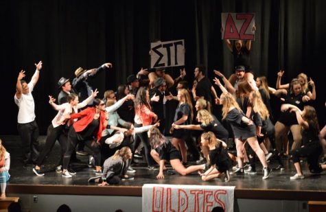 Members of Delta Zeta and Sigma Tau Gamma perform at this year's Greek Sing competition.