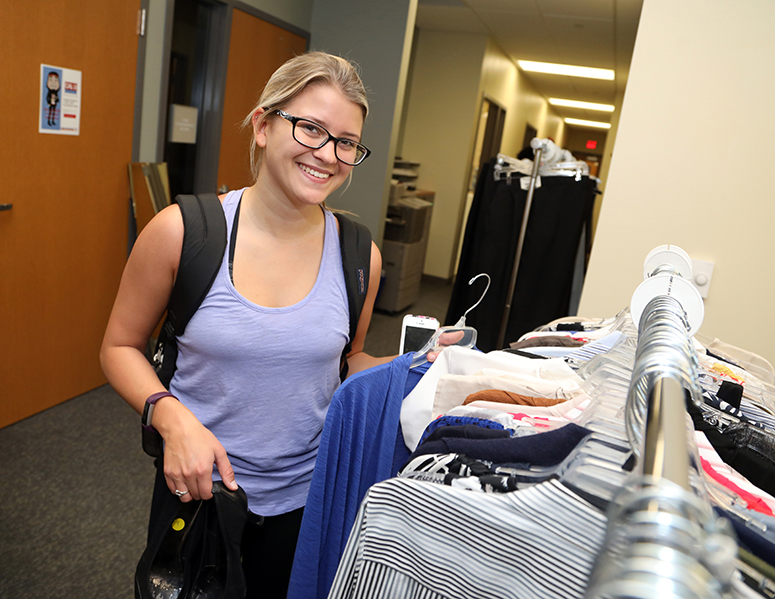 Danielle Melenyzer, senior, Cal U, at the Campus Closet event in the Career and Professional Development Center, Natali Student Center, California University of Pennsylvania, Sept. 19.  The Career and Professional Development Center, in collaboration with Dress For Success-Pittsburgh and Penn Commercial’s Toni & Guy Hairdressing Academy, hosted the “Campus Closet” to provide students with free professional clothing and hairstyle/makeup application.  Organizers say students gain confidence and learn how to dress professionally, in addition to getting suited for free professional clothing, in this fun, supportive atmosphere.      