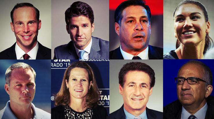 From left to right, top row first, the candidates of U.S. Soccer presidential election: Michael Winograd, Kyle Martino, Paul Caligiuri, Hope Solo, (bottom row, left to right) Eric Wynalda, Kathy Carter, Steve Gans and Carlos Cordeiro.
