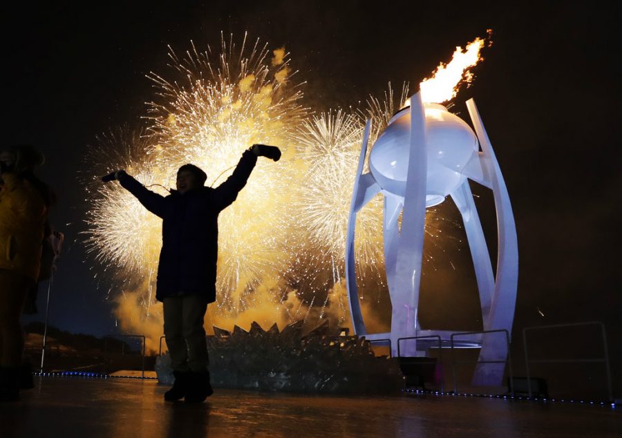 This photo was taken during the Opening Ceremony during the Pyeongchang Winter Olympics. Photo courtesy of David J. Phillip/Associated Press.