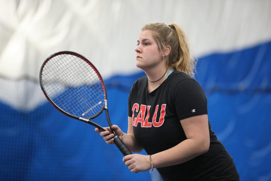 Photo of Cal U tennis player Charlie Gallagher courtesy of Jeff Helsel, SAI.