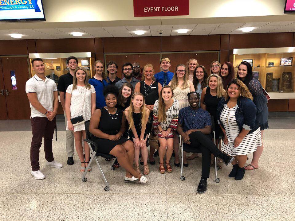 (Aug. 26, 2018) Student assistants from Cal U's Move-in Day Weekend 2018 posed for a photo on Sunday evening at the New Student Convocation .