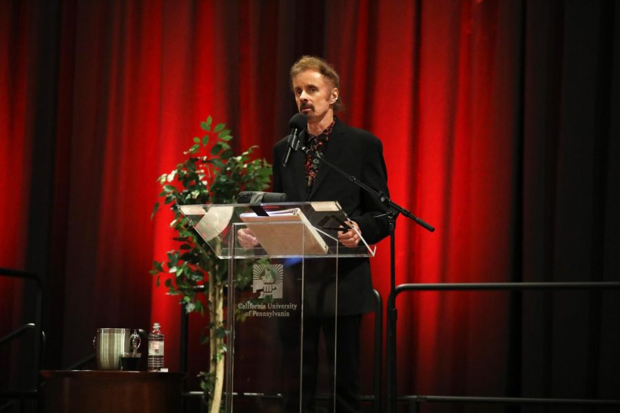 (Sept. 11, 2018). Award-winning novelist T.C. Boyle reading an excerpt from one of his latest works during a presentation at the Convocation Center, California University of Pennsylvania