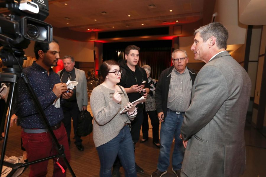 Cal Times reporters interview Pennsylvania State System of Higher Education Chancellor Dan Greenstein following the open forum in the Natali Performance Center on Oct. 25. 