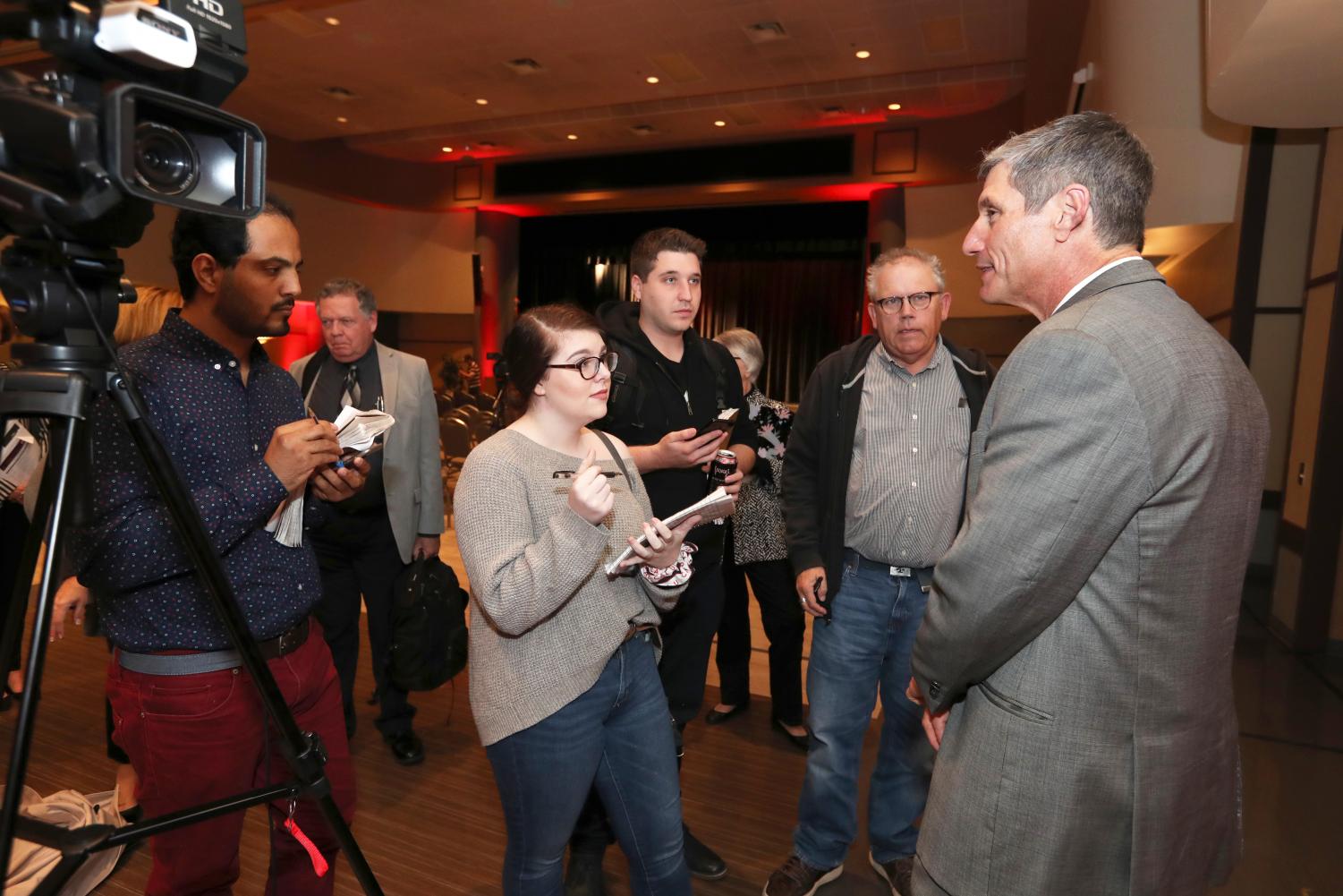 Cal Times reporters interview Pennsylvania State System of Higher Education Chancellor Dan Greenstein following the open forum in the Natali Performance Center on Oct. 25.