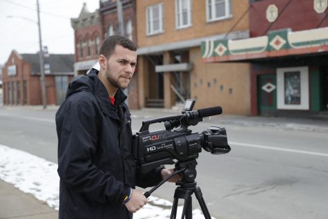 CUTV News Anchor and Cal Times Editor-in-Chief Danny Beeck shoots a story at the historic Coyle Theater in Charleroi, Pa.