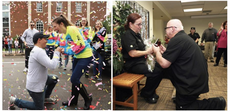 Cal U campus was buzzing with the news about two surprise engagements. On left, Cal U student Nick Bishop proposed to McKenna Ferris at Cal Us Homecoming parade Oct. 12, 2019.   On right, Joe Hepple proposed to Beth Ann Bentz at a reception for AVI staff members on Nov. 26, 2019. 