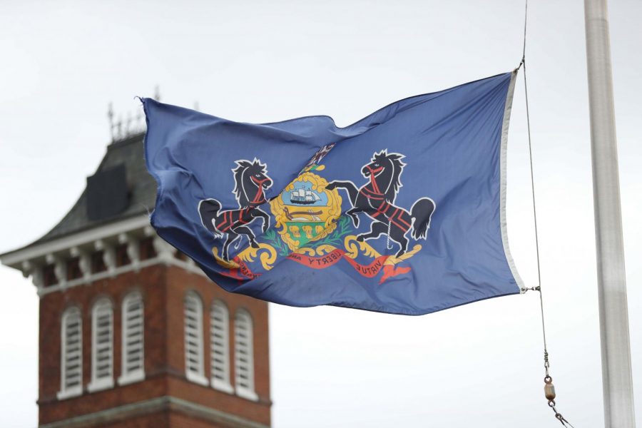 The state flag of Pennsylvania flies at half-staff at the Cal U campus on April 8, 2020 after Gov. Tom Wolf orders all commonwealth flags at all commonwealth facilities fly at half-staff to honor the victims of COVID-19