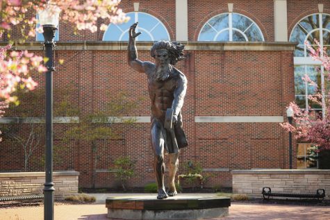 The 12-foot-tall statue of Vulcan, the Roman god of fire and California University of Pennsylvania's mascot, in the Quad at the center of campus, April 27, 2020.
