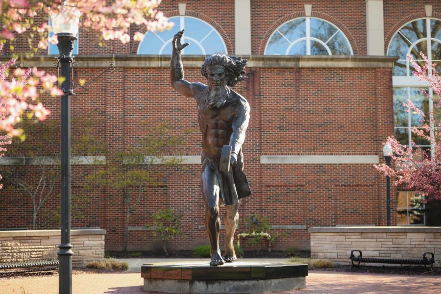 The 12-foot-tall statue of Vulcan, the Roman god of fire and California University of Pennsylvania's mascot, in the Quad at the center of campus, April 27, 2020.