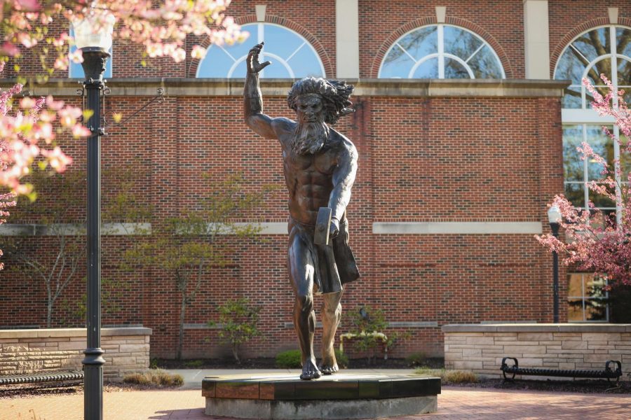 The 12-foot-tall statue of Vulcan, the Roman god of fire and California University of Pennsylvanias mascot, in the Quad at the center of campus, April 27, 2020.