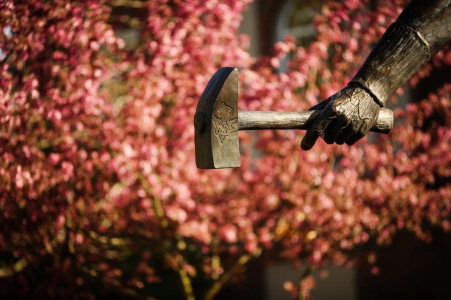 The hammer of the bronze Vulcan statue, California University of Pennsylvania, April 27, 2020.