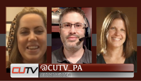 Lindsey Leonard, '15, talent agent for NEON Entertainment, Gary Smith, Host, and Melissa Dunn, director of Student Activities and Leadership for the Office of Student Affairs, on the set of