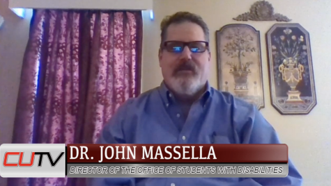 Dr. John Massella, associate professor and director of the Office for Students with Disabilities, talks from his home office as a guest speaker on CUTV's