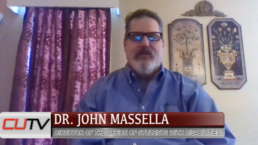 Dr.+John+Massella%2C+associate+professor+and+director+of+the+Office+for+Students+with+Disabilities%2C+talks++from+his+home+office+as+a+guest+speaker+on+CUTVs+Cal+U+Connections.