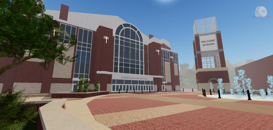 Cal U Senior Paul MacLeans computer generated animation of the Convocation Center was created in Roblox so computer science graduates can experience a virtual graduation ceremony at the facility.
