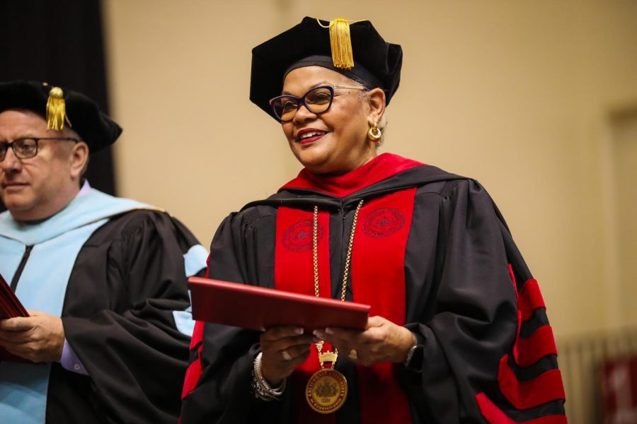 (FILE) University President Geraldine M. Jones on stage to present diplomas during the  undergraduate commencement ceremony in the Cal U Convocation Center, Dec. 14, 2019.