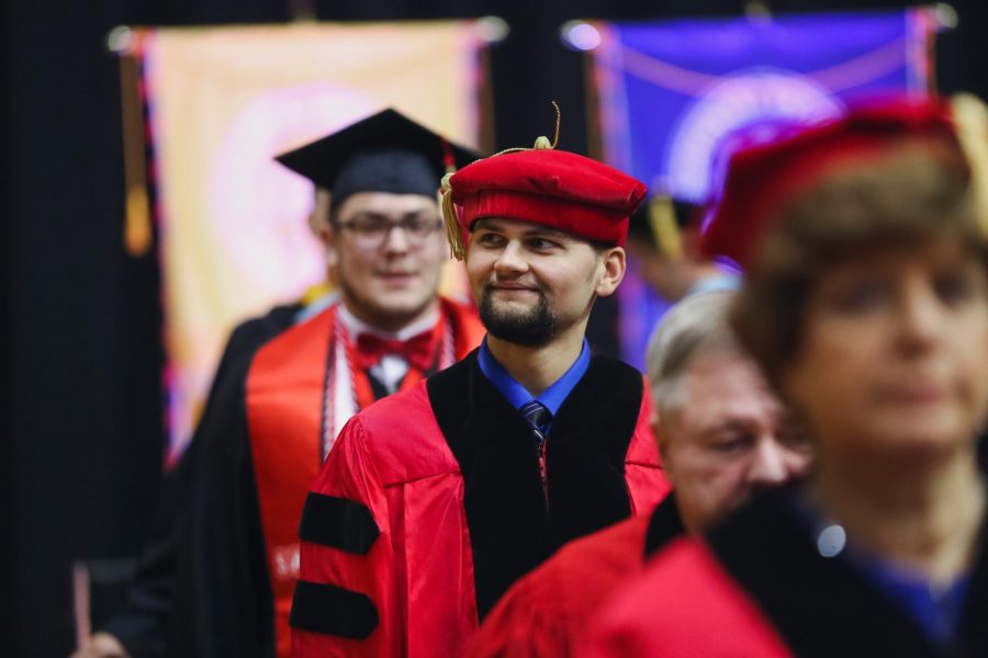 Alex Arnold 20, past president of the Parks and Recreations Student Society and student member of Cal Us Council of Trustees, at the winter Commencement ceremony in the Convocation Center, Dec. 14, 2019.