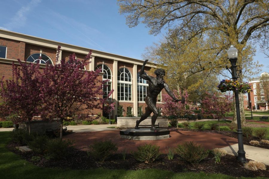 The Vulcan Statue in front of Herron Hall on the campus of California University of Pennsylvania, May 2020.