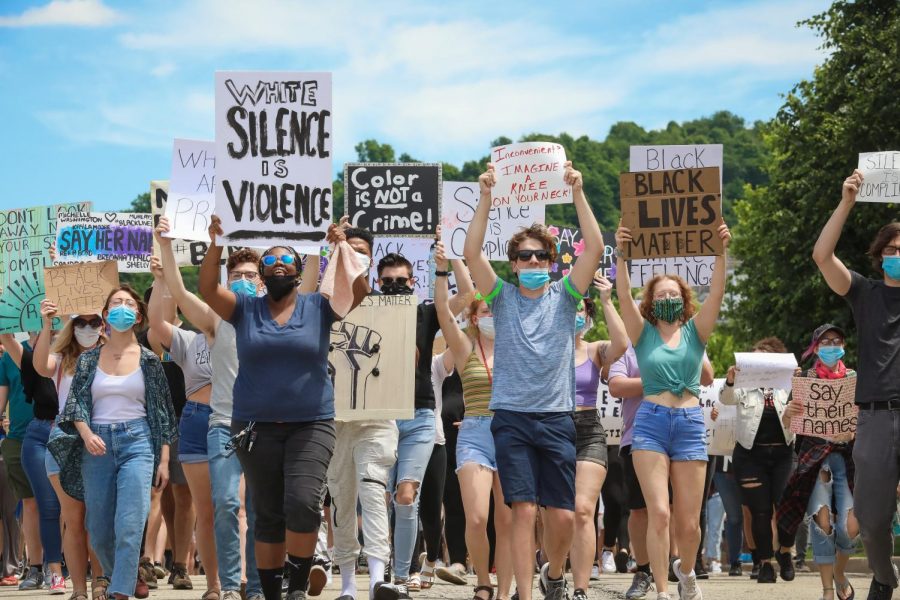 FILE:  A photo of participants in a peaceful protest against racial inequality in California Borough, Pa., on June 7, 2020.