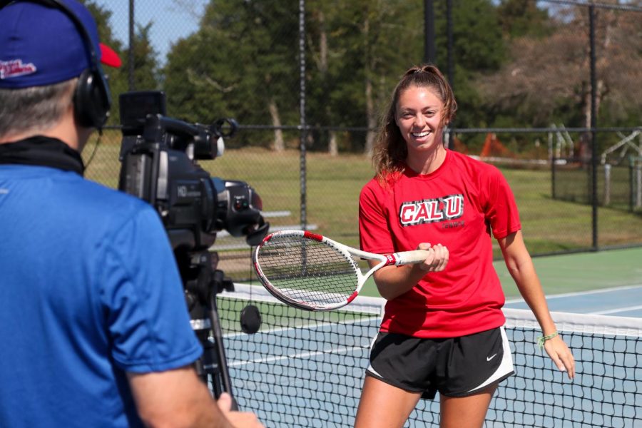 Cal U Head Tennis Coach Anita Onufer recording a video presentation for the annual Athletics Day of Giving scholarship fundraiser set for Sept. 22, 2020