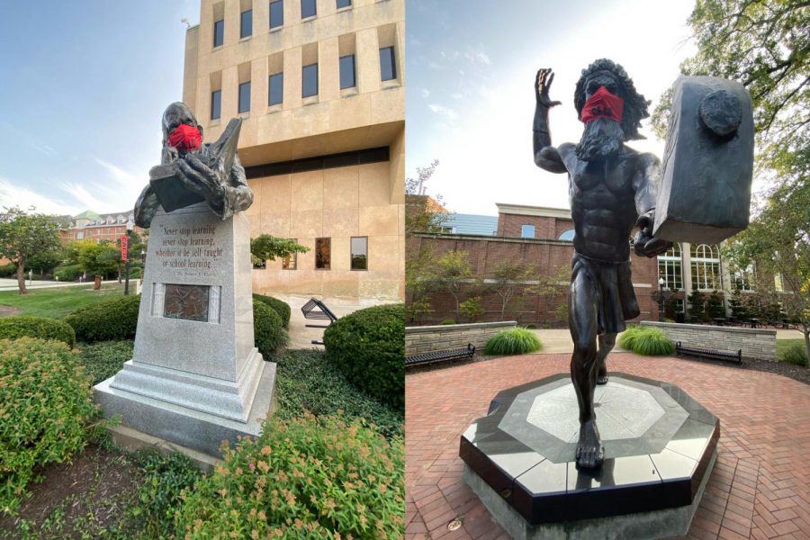 The statue of philanthropist and businessman Robert Eberly outside of Manderino Library and the Vulcan statue on the Cal U campus Quad have each been fitted with a mask to remind all of us to stay safe during the COVID-19 pandemic.