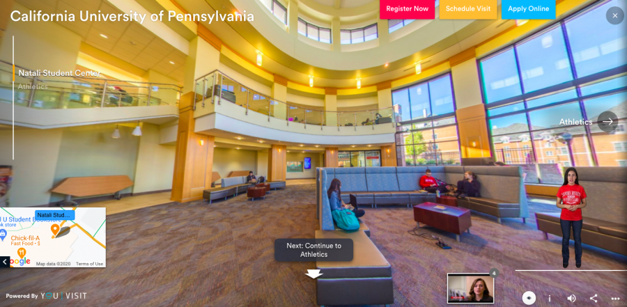 A tour guide introduces Cal U’s Natali Student Center on the virtual tour offered as part of the “Experience Cal U” section of the university’s website at www.calu.edu/visit. 