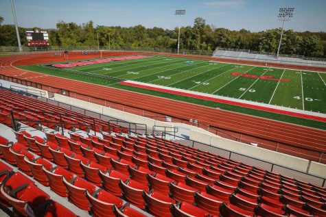 A view of the California University of Pennsylvania football field from the seats at Adamson Stadium, California, Pa., Wednesday, Oct. 7, 2020.