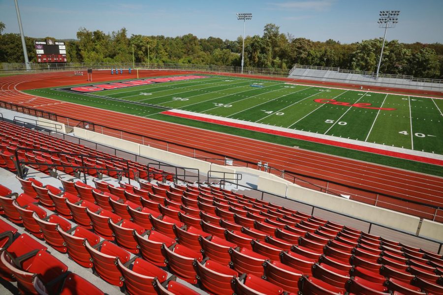 A view of the California University of Pennsylvania football field from the seats at Adamson Stadium, California, Pa., Wednesday, Oct. 7, 2020.