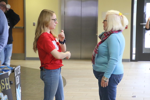 Maggie Cave (left), Panhellic President, speaking with Joy Helsel (right), Director or Sorority and Fraternity Life, at the spring 2020 Club & Organization Fair