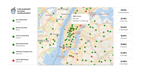 Showing a map of New York City, McBroken tracks working/not working ice cream machines with red or green dots.