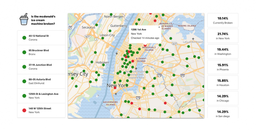 Showing a map of New York City, McBroken tracks working/not working ice cream machines with red or green dots. 