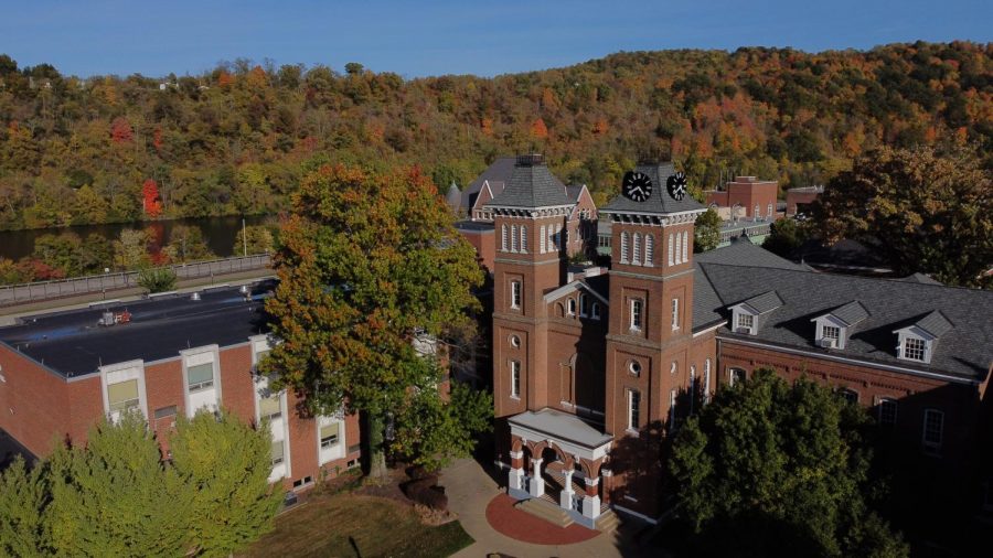 Aerial shot of the Cal U clock tower and Old Main