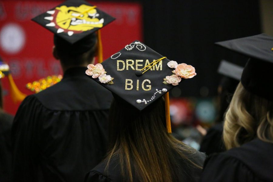 Dream Big, a graduation cap decorated and worn by Alaina Ross 16 at California University of Pennsylvanias 183rd Undergraduate Commencement ceremony, Convocation Center, Dec. 17, 2016.