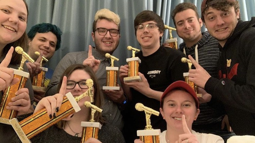 WCAL members (from left to right) Rebecca Glusco, Zachary Hixenbaugh, Evan Peffer, Thomas Caton, Nicholas Rae, Andrea Kroll, Trevin Keteles, and Kole Miller at the 80th annual Intercollegiate Broadcasting Systems Conference in New York City, March 2020