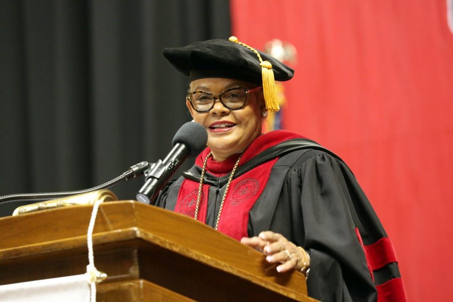 University President Geraldine M. Jones addresses graduates at California University of Pennsylvanias 183rd Undergraduate Commencement ceremony, Convocation Center, Dec. 17, 2016.