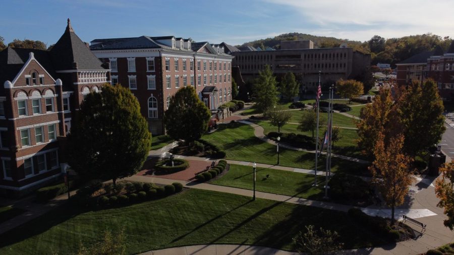 Aerial image of Dixon Hall and Louis L. Manderino Library of California University of Pennsylvania.