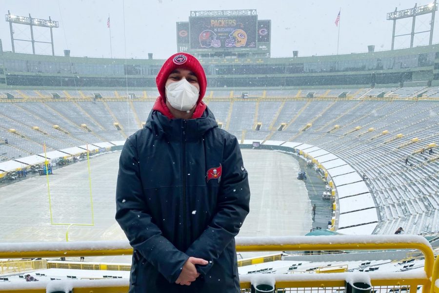 Danny Beeck 19, a video producer for the Tampa Bay Buccaneers, at Lambeau Field in Green Bay, Wisconsin.  Beeck is scheduled to work at the Super Bowl in Tampa, Florida on Sunday, Feb. 7, 2021