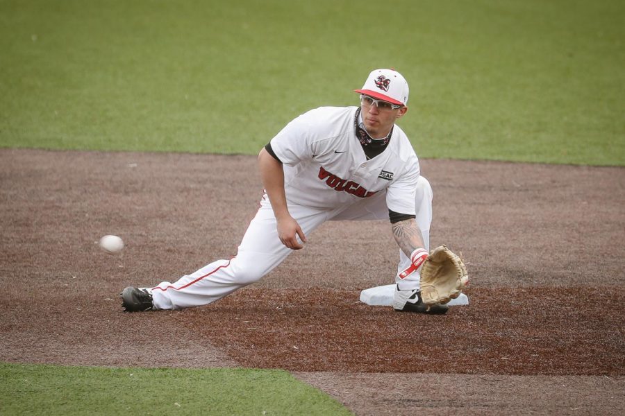 Cal U infielder Anthony Venezia at the baseball game versus Wheeling at Wild Things Park, Washington, Pa. on Feb. 26, 2021