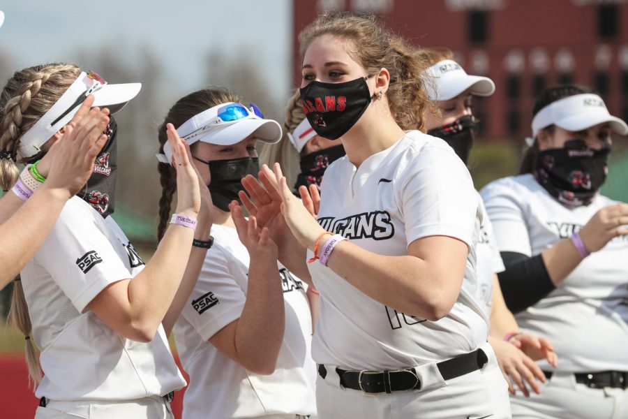 Vulcans softball team pitcher Ellie Lobdell introduced during the starting player line-ups at the season home opener at Lilley Field, California, Pa. on March 9, 2021