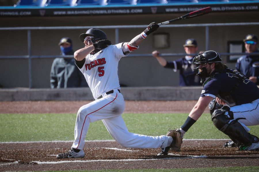 Cal U junior second baseman Anthony Venezia (5) at bat against Clarion University, Wild Things Park, Washington, Pa., March 13, 2021.