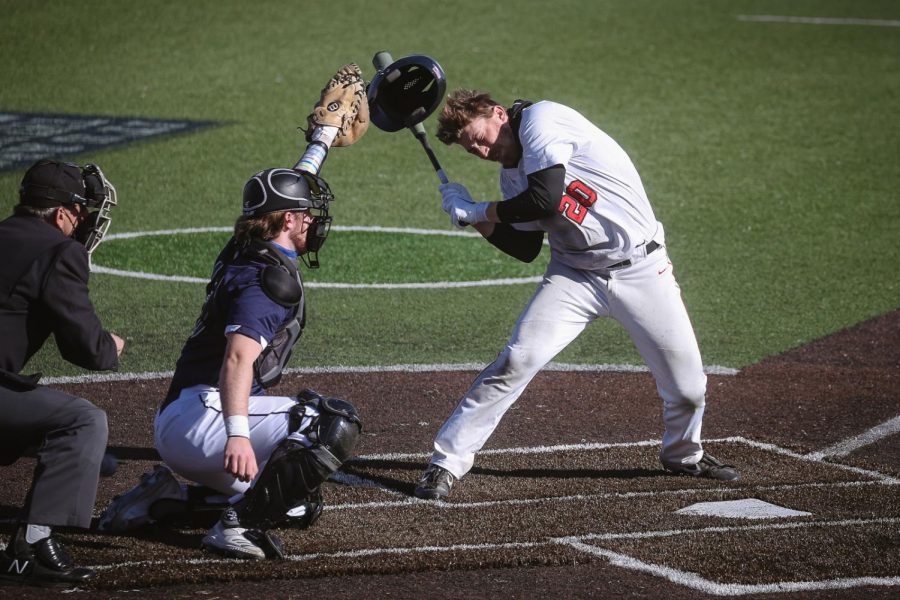 Senior third baseman Louden Contes batting helmet is knocked off by an inside pitch during the game against Clarion at Wild Things Park, Washington, Pa., on March 13, 2021.