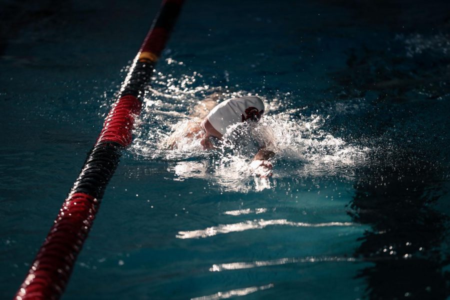 Cal U senior swimmer Arli Tilves  in the pool before a virtual PSAC swimming meet in Hamer Hall, March 27, 2021